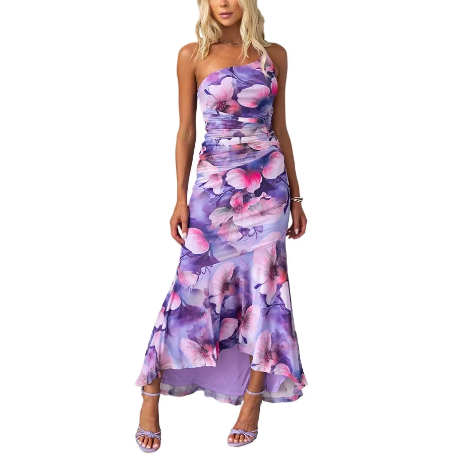 Womens One Shoulder Floral Maxi Dress With Ruched... From Luote, $21.53 In  Bulk | DHgate.Com