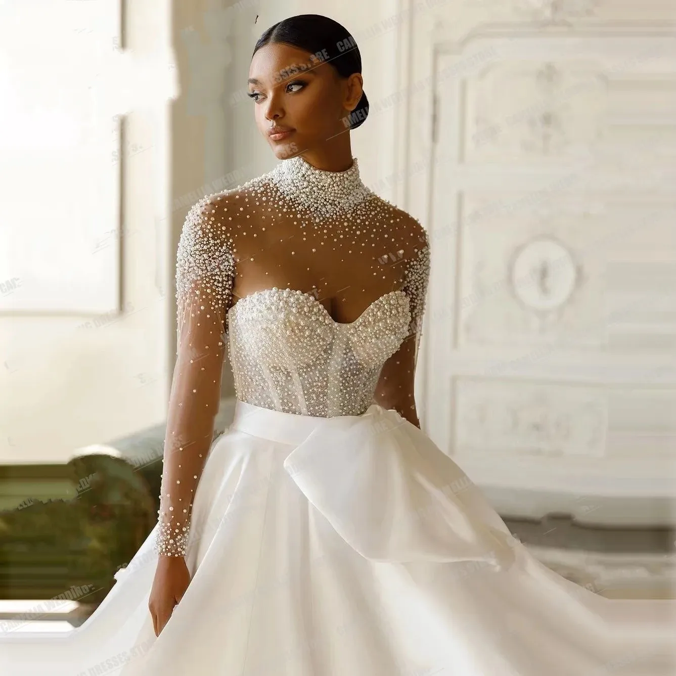 A-Line Illusion High Neck Pearl Beaded Satin Wedding Dress with Buttoned  Back