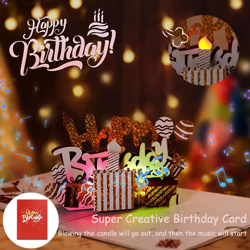 Creative Happy Birthday Greeting Card with Light Music 3D Birthday Cake ...
