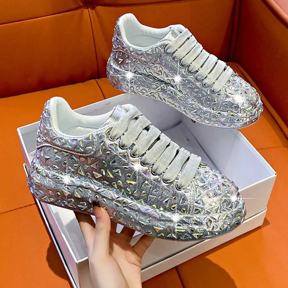 Breathable Rhinestone Chunky Sneakers: Bling Flats for