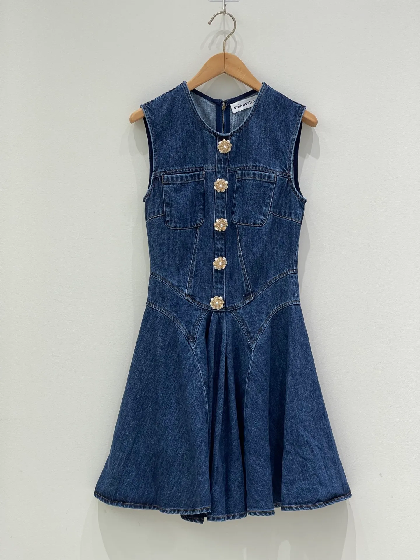 slim fit dress slacks Blue Denim Midi Dress with Pencil Skirt ALBERTA