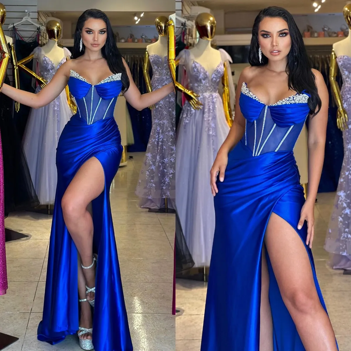Royal Blue Prom Dress Beaded Sweetheart Neckline Evening Gown with Thigh  Split and Illusion Bodice from Dhgate Prom Dresses - price 156.25
