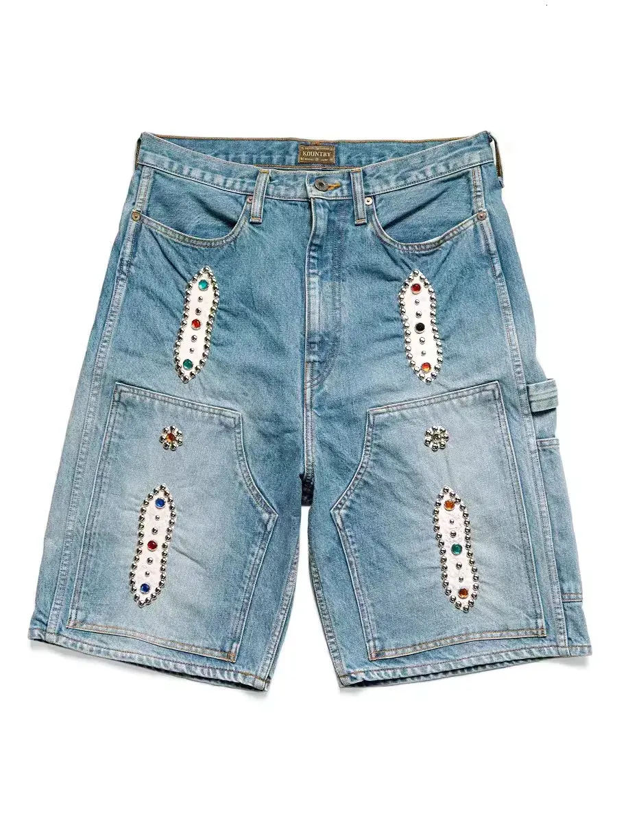 KAPITAL 21SS ショートパンツ Retro Style Denim Capri Shorts With Rivet And Gemstone