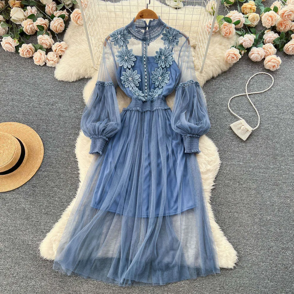 Autumn Long Sleeve Dress Two-Piece Set with 3D Flower Mesh Lantern Sleeves  and High Waist Slimming Design from Dhgate Basic & Casual Dresses - price  34.98