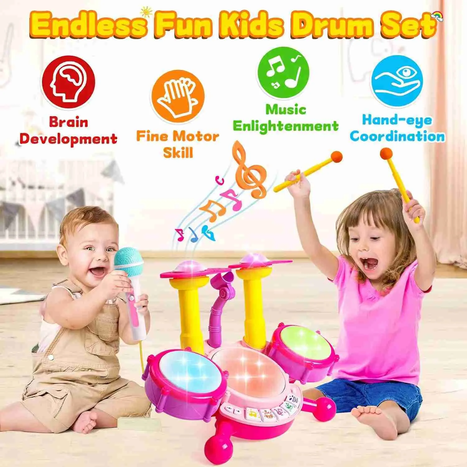 For Kids Age 5-7 Kids 5-Piece Jazz Kit With Stool Cymbal (Red