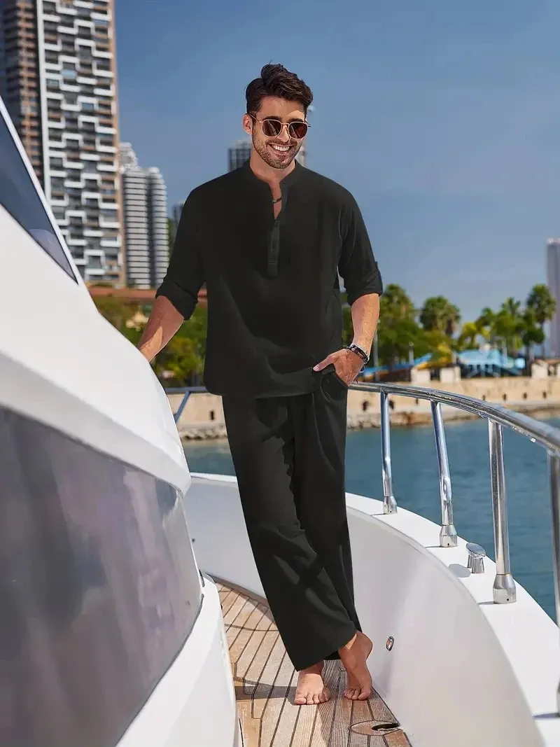 240601 Cotton Linen Blend Mens Two Piece Casual Set Retro V Neck