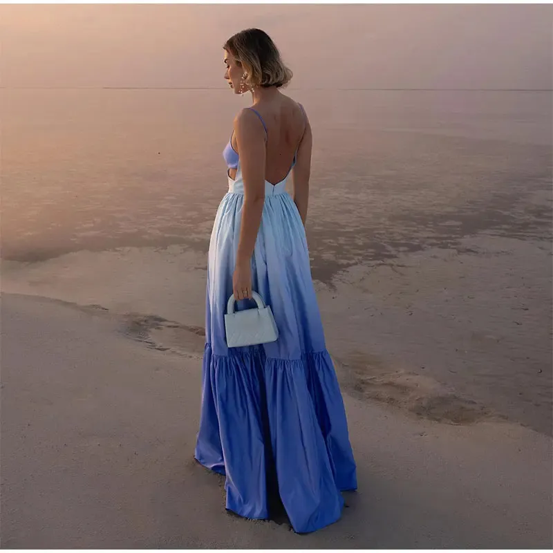 Women Gradient Color Hollowed Out Pleated Maxi Dress V-neck Sleeveless Sling for Summer Vacation from Dhgate Basic & Casual Dresses - price 46.7 Women Gradient Color Hollowed Out Pleated Maxi Dress V-neck Sleeveless Sling for Summer Vacation from Dhgate Basic & Casual Dresses - price 46.7