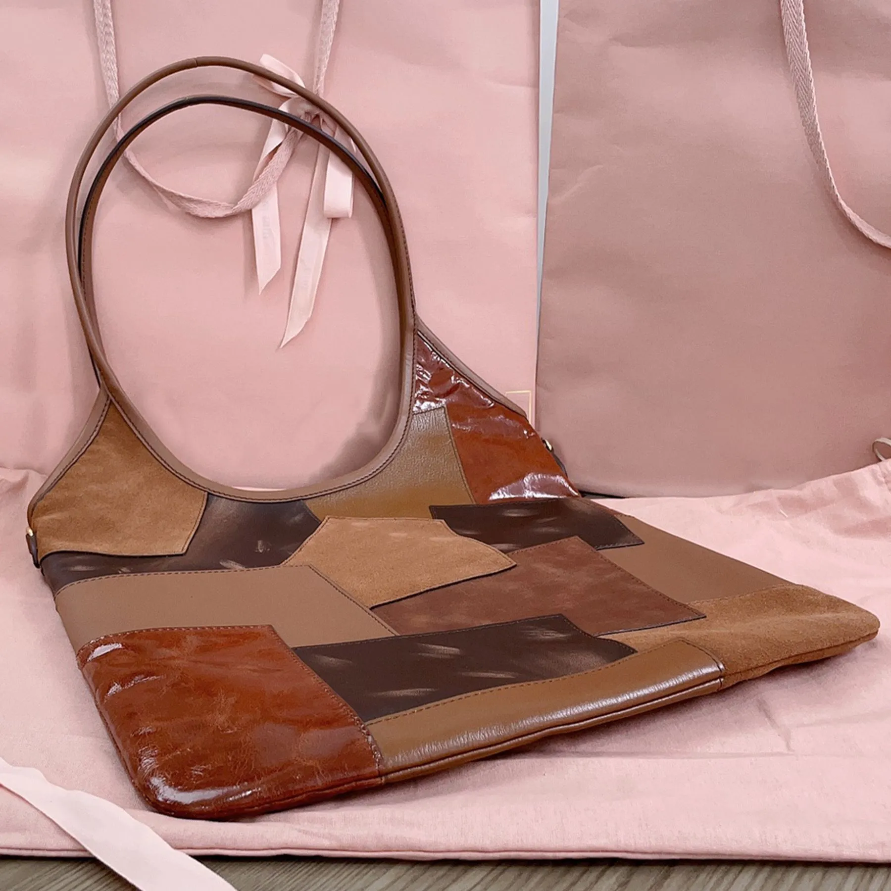 IVY Leather Linen Tote Luxury Handcrafted Patchwork Bag with Gold Accents