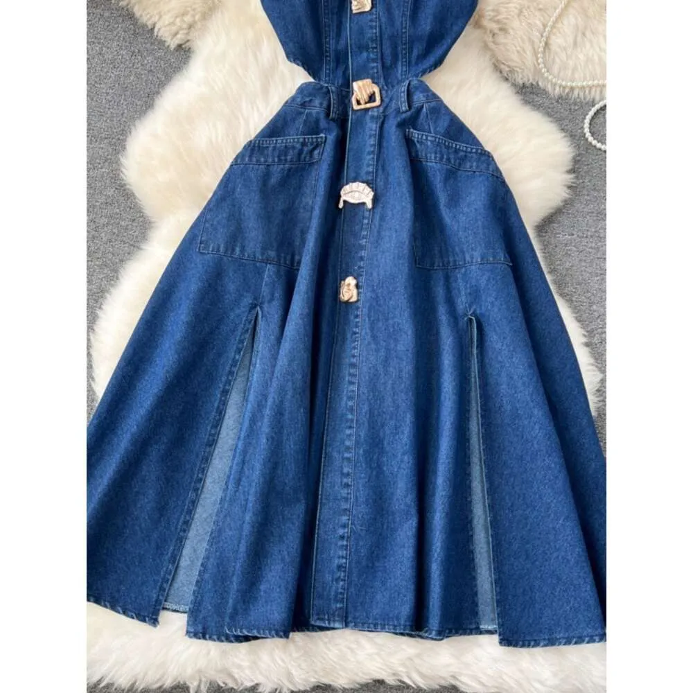 chinese dress ladies Womens Denim Button Down Shirt Dress Ruffle Flowy Midi Jean Dress Short  Sleeve A-Line Jeans Dresses with Pockets at Amazon Women's Clothing store