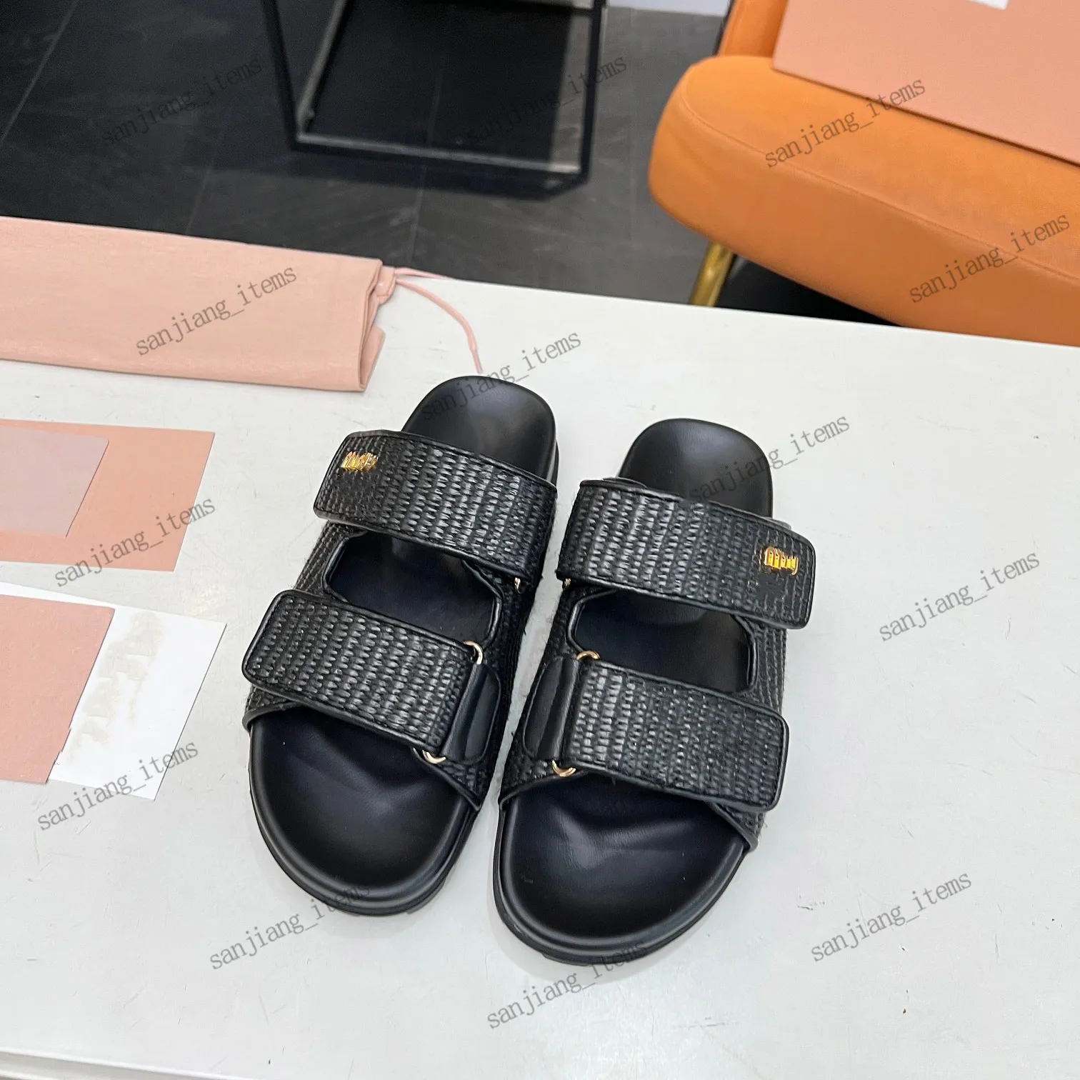 ■PAES■ Raffia Soft Flat Black F05-RSFB DHgate.com:2024Woven Raffia Flatform Dad Slides - 2 Strap
