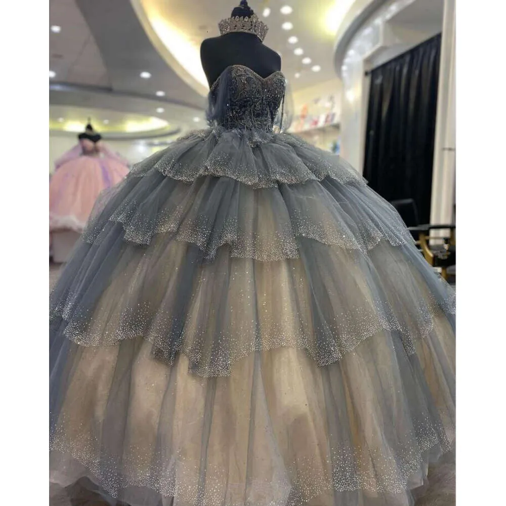 Sparkling Grey Silver Princess Dusty Blue Quinceanera Dresses with Crystal Beaded Corset - Perfect for Sweet 16, Prom and More (Style 0603)