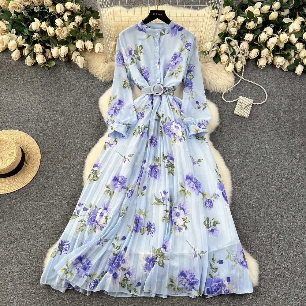 DHgate.com:Floral Chiffon Pleated Maxi Dress with Puff