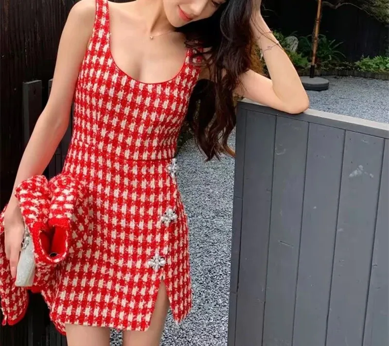 knee length dresses for ladies Charming Red and White Plaid Lace Trim Bodycon Mini Dress for Spring a main image 0