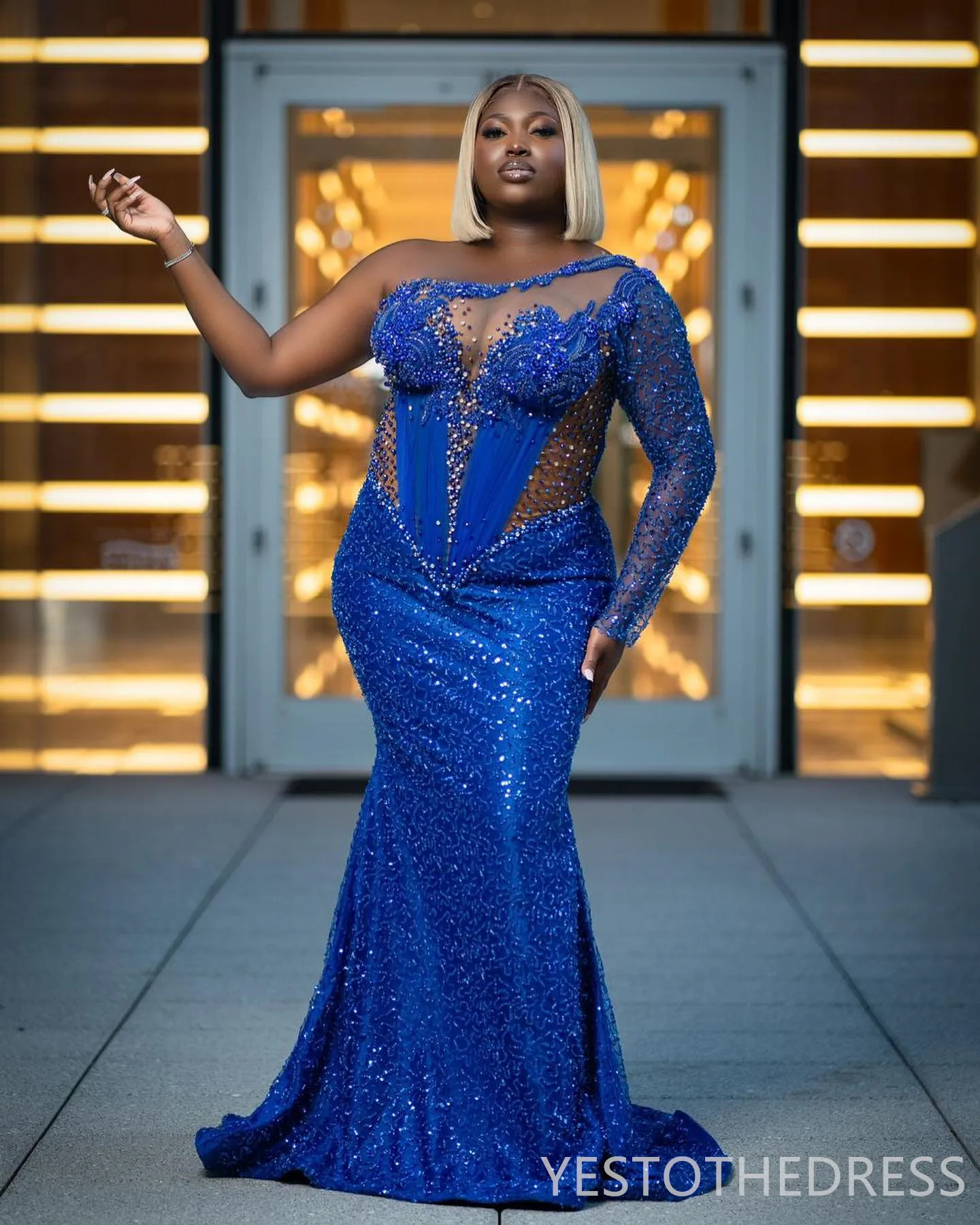 Plus Size Royal Blue Mermaid Prom Dress Illusion One Shoulder Beaded Lace  Rhinestone Formal Gown from Dhgate Prom Dresses - price 287.52, image size:1440x1800