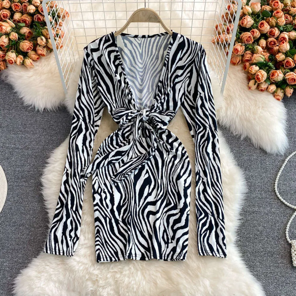 Long Sleeve Deep V Maxi Dress Zebra Print Bodycon Mini Dress
