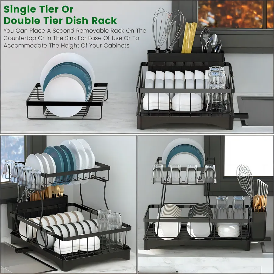 KINGRACK Expandable Dish Drying Rack - Aluminium Foldable Dish Racks For Kitchen Counter, Adjustable Dish Drying Rack With Drainboard Set Swivel Spout, Removable Utensil Holder, Cups Holder, Black