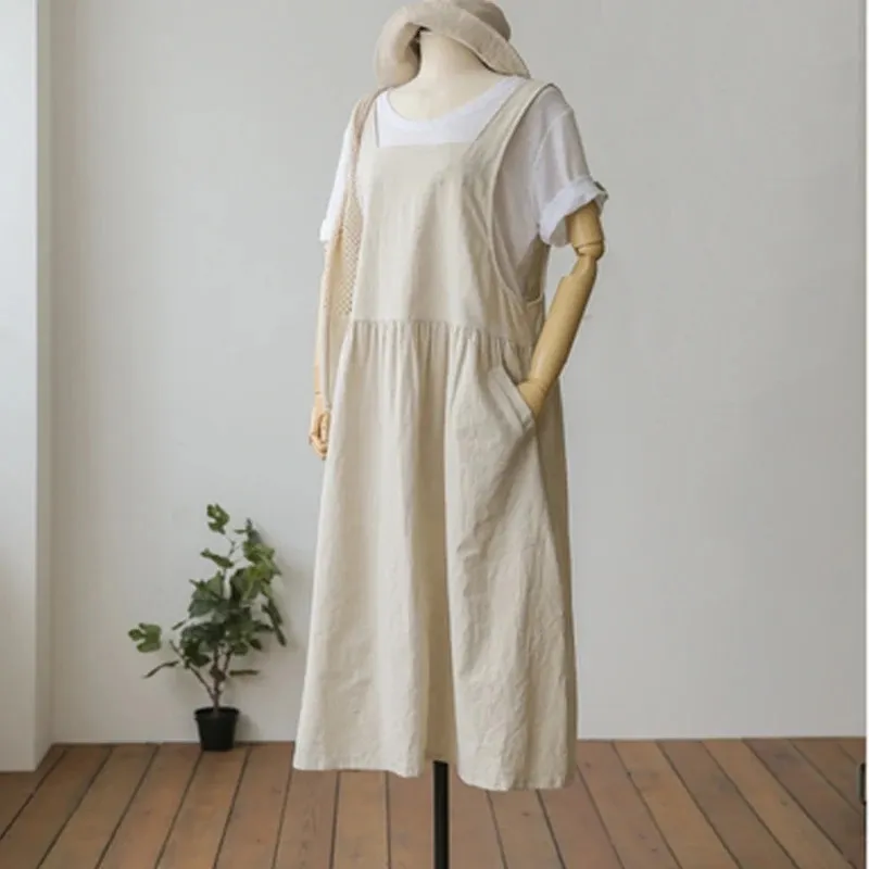 2023 Summer Cotton Linen Ladies dungaree dress for women - Plus Size XL-5XL Sleeveless Tank Vestidos Robe with Pocket Clothes (KT80)