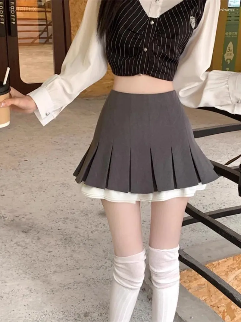 Japanese Mini Skirt Women A-Line Pleated High Waist Black Acrylic