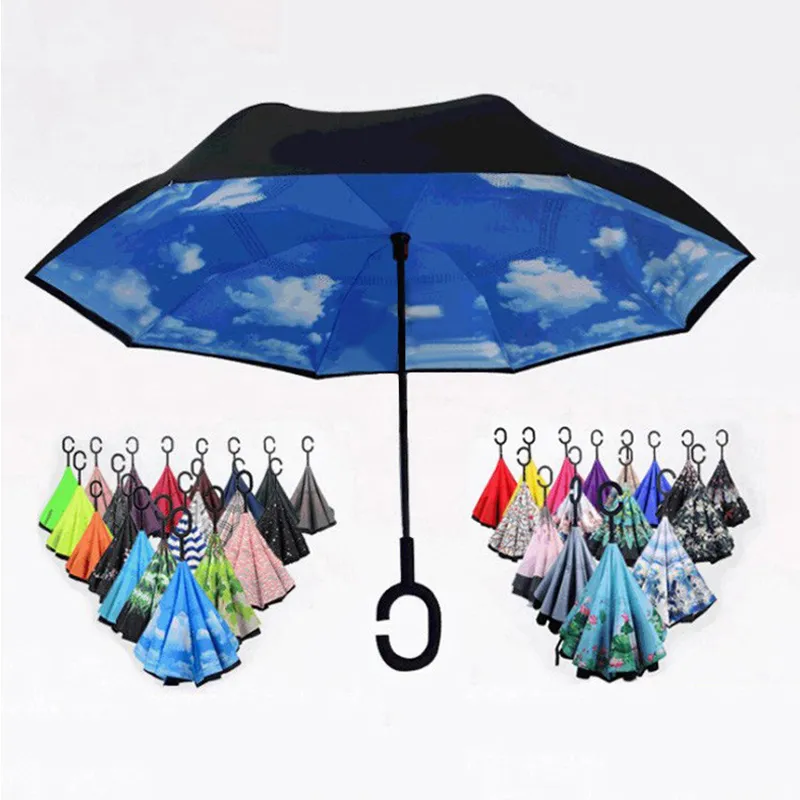 Windproof Upside Down Reverse Umbrella C-Handle Double Layer Inside-Out Inverted - Foto 4