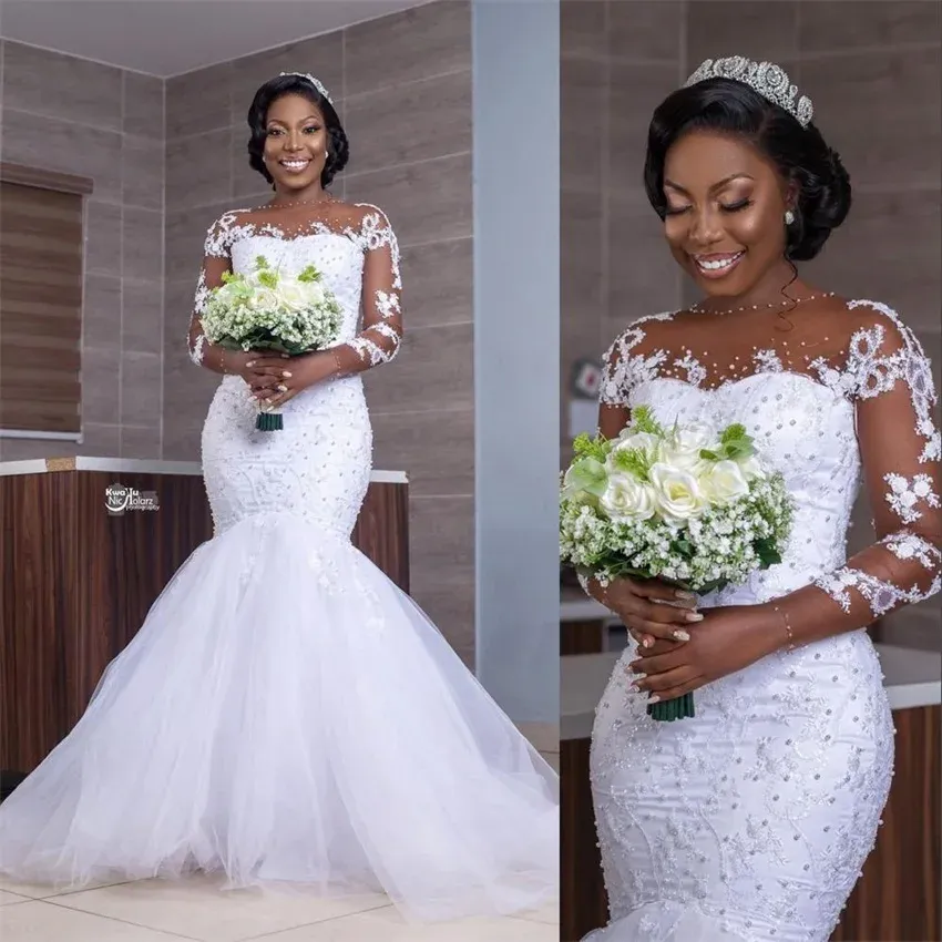 New African Mermaid Wedding Dress with Long Sleeves – Elegant Bridal Gown main image 1