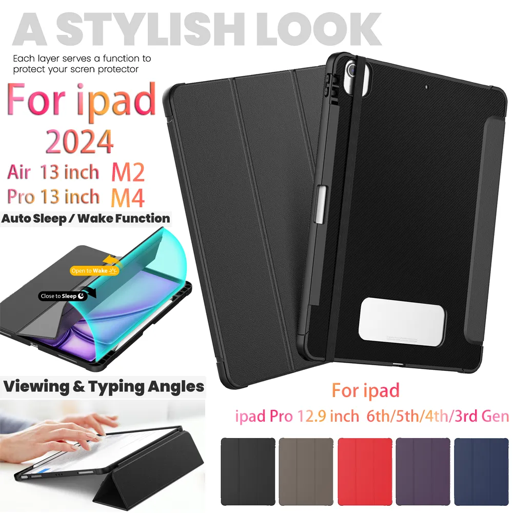 IPad Air 13 Inch M2 2024 Case With Pink Flowers - PU Leather Stand Cover With Auto Wake/Sleep | Protective Tablet Case