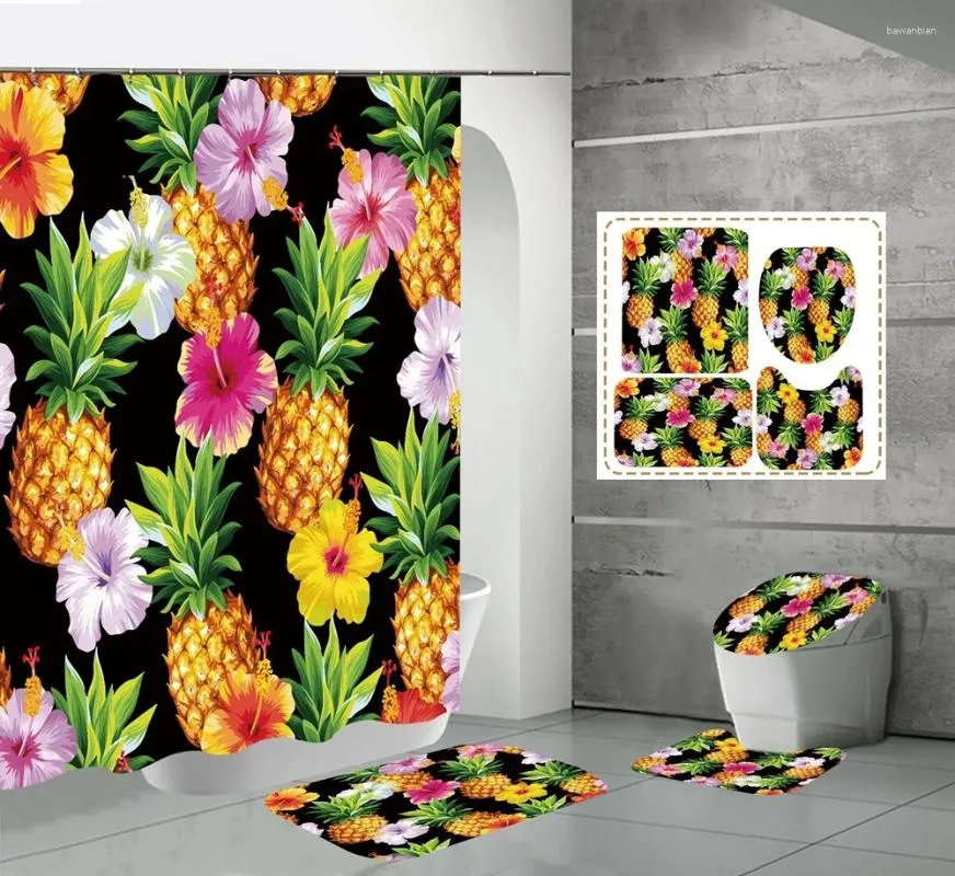 Summer Vibes Bathroom Set: 4-Piece Tropical Pineapple Non-Slip Bath Mat Set