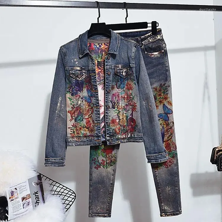 Oversized Denim Jacket and Pants Set: Stylish Floral Print Women's Casual  Outfit