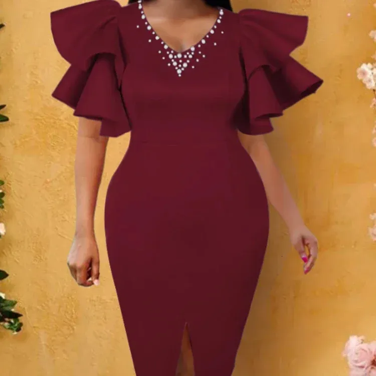 thumbnail image 2 of VERWIN Women's Flare Sleeve Bodycon Dress - Ruffle Party Dress In Multiple Colors 2 of 11