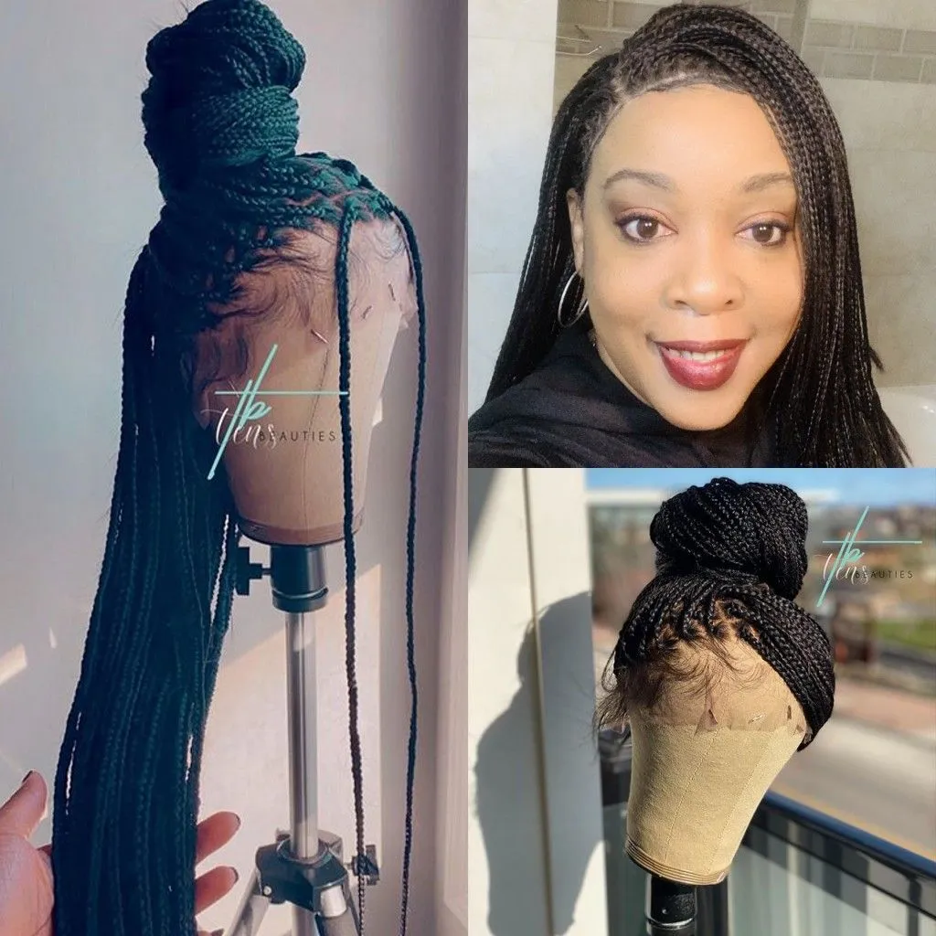 Long Black Brown Ombre Synthetic Lace Front Wigs for Women Natural Looking Cornrow Micro Braided Box Braids