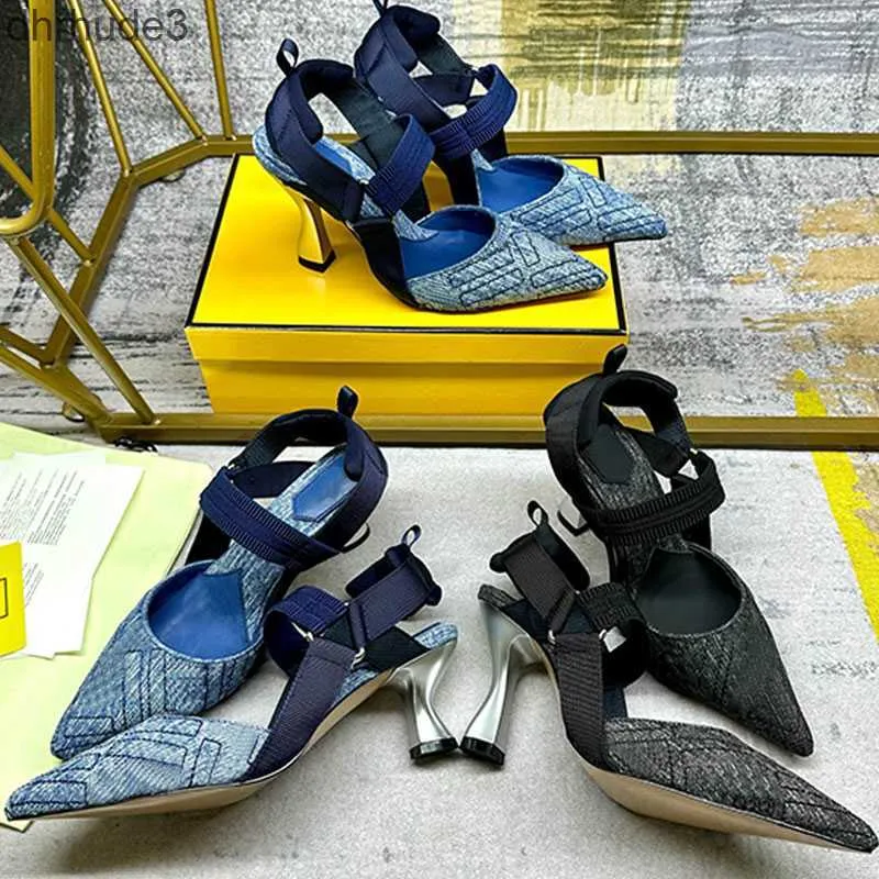 Denim Kitten Heel Mules Embellished Pointed Toe Sandals With Box