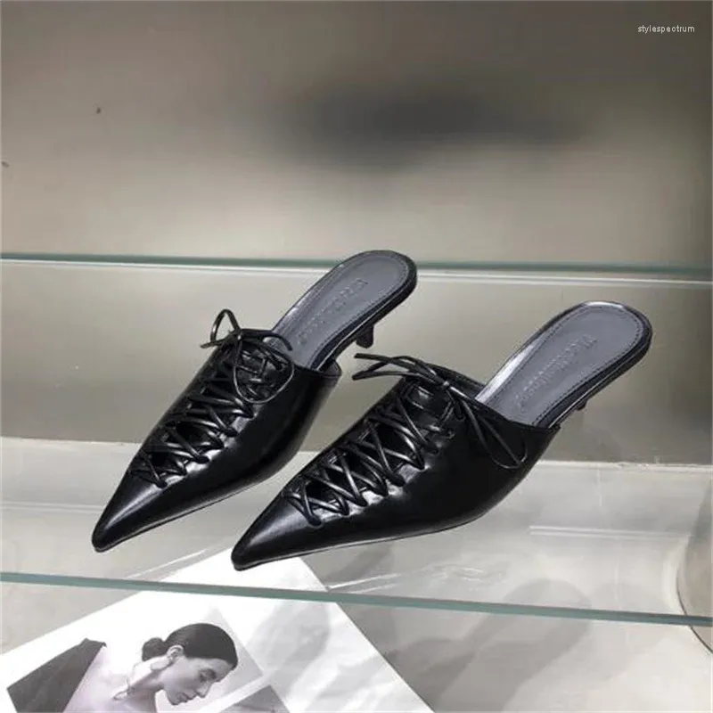 Women's Leather Crossover Strap Pointed Toe Lace-up Low Heel Mules