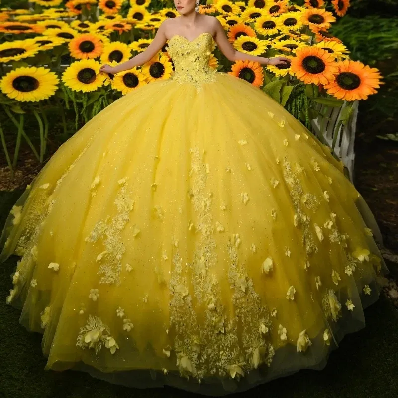 Lace Sweet 16 Dresses Yellow Yellow Lace Quinceanera Dresses Ball
