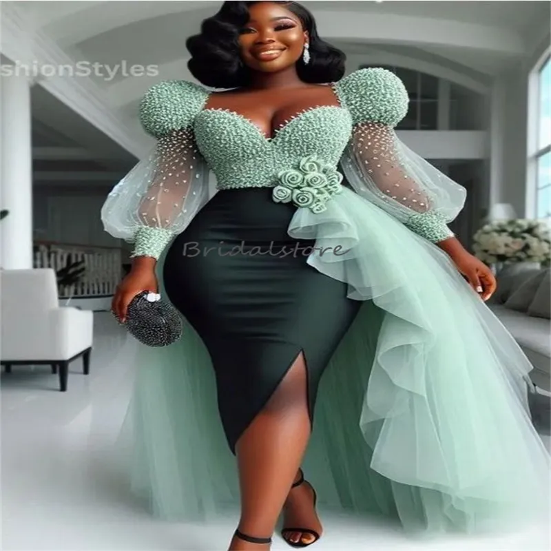 Sage Green Prom Dress with Overskirt Train Beaded Long Sleeve Midi Aso Ebi Gown