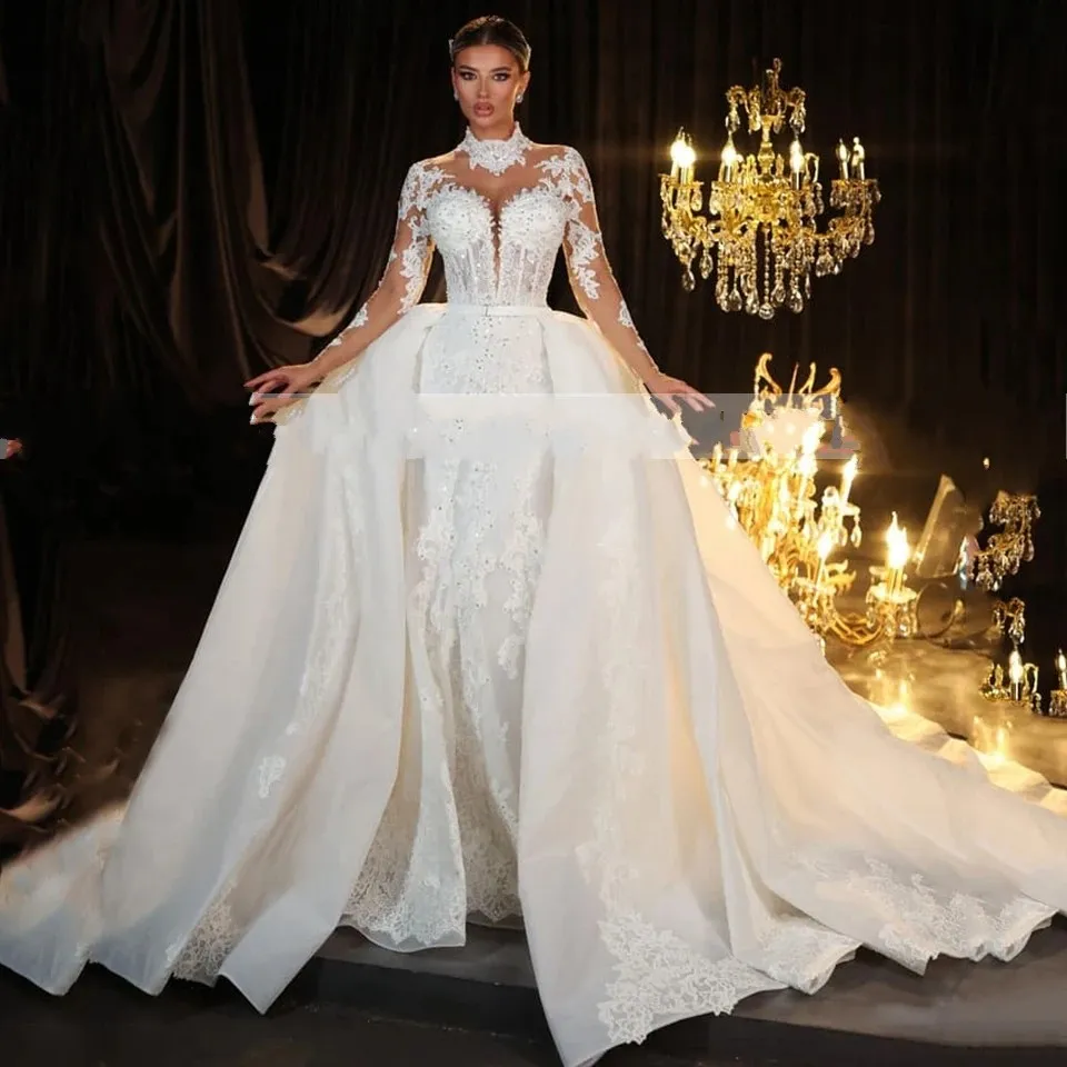 Luxury Wedding Dress 2025 Detachable Train High Neck Sequin Lace Appliques Long Sleeves Bridal