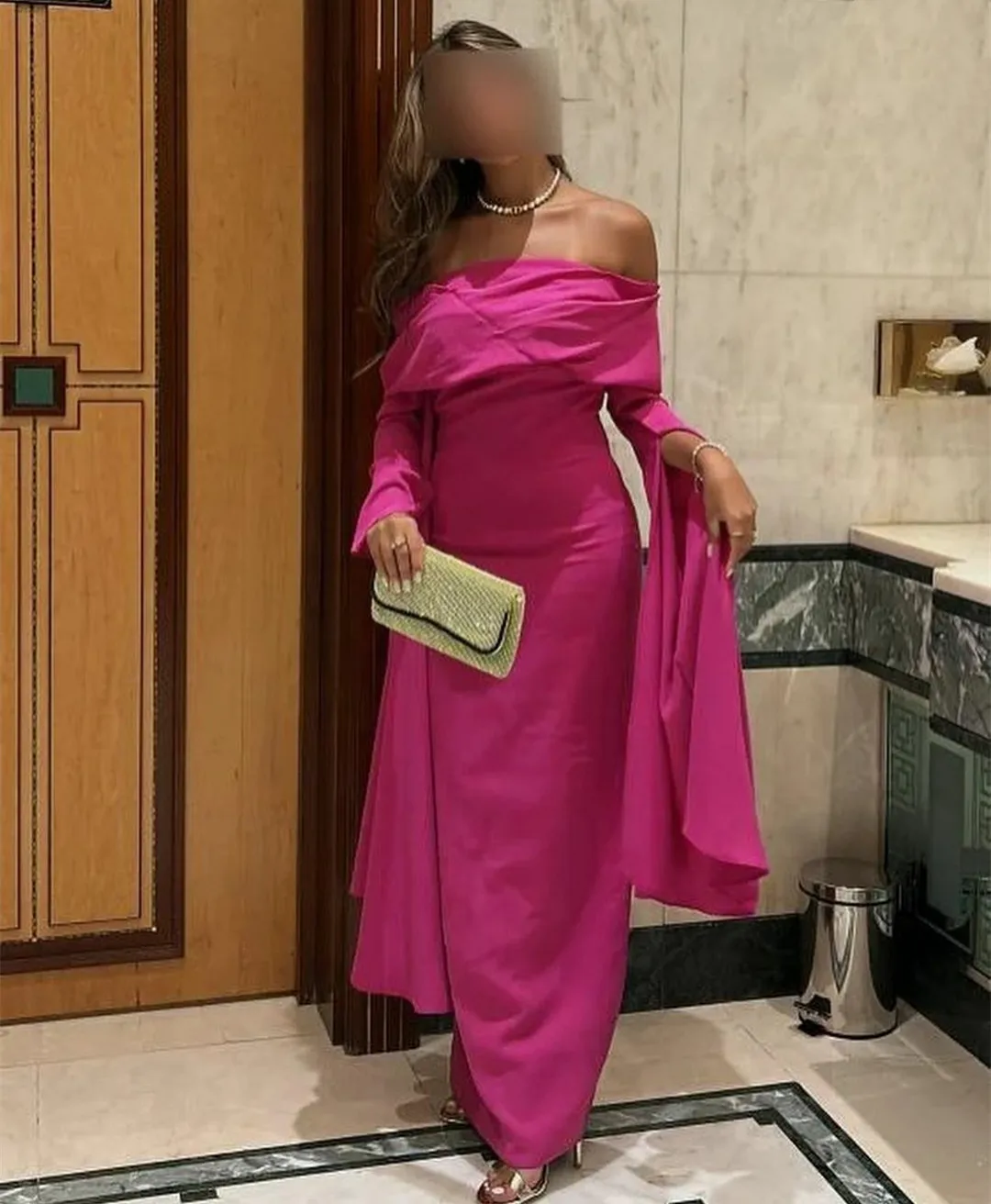 Fuchsia Crepe Evening Dress with Long Sleeves, Slit Sheath, Bateau Neckline, Ankle Length, Zipper Back, and Pleated - Perfect for Prom and Special
