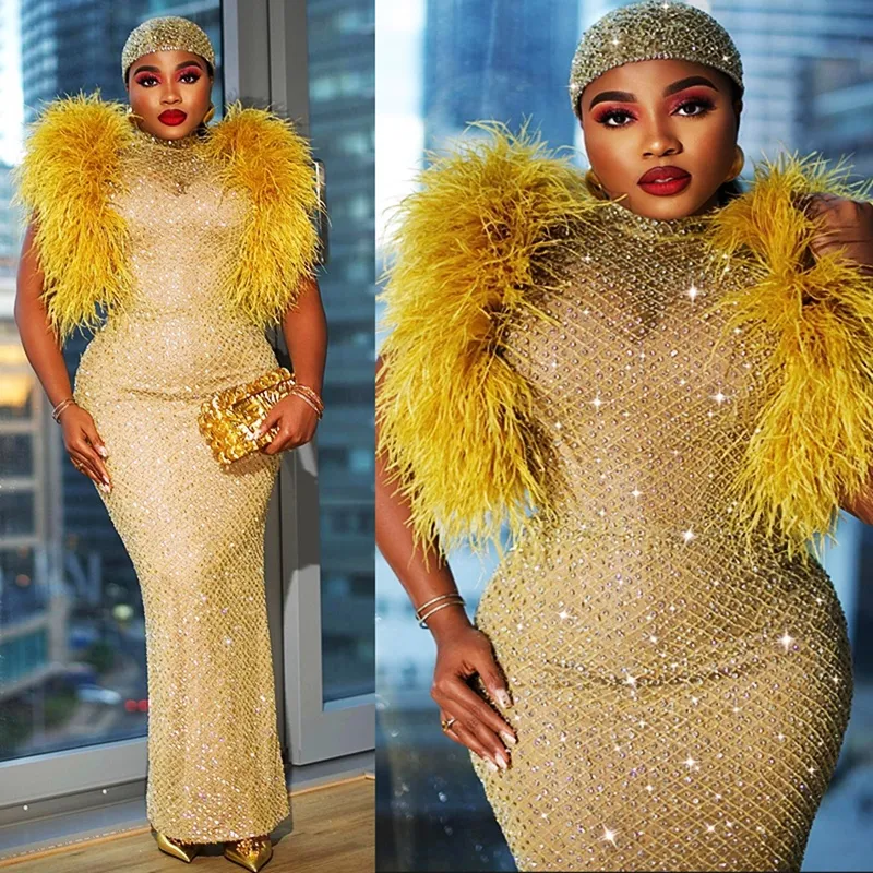 Gold Feather Rhinestone Sheath prom dress - Plus Size Evening Gown with Lace Detailing, Back Split, Perfect for Birthday, Second Reception - AM1096 Gold Feather Rhinestone Sheath prom dress - Plus Size Evening Gown with Lace Detailing, Back Split, Perfect for Birthday, Second Reception - AM1096