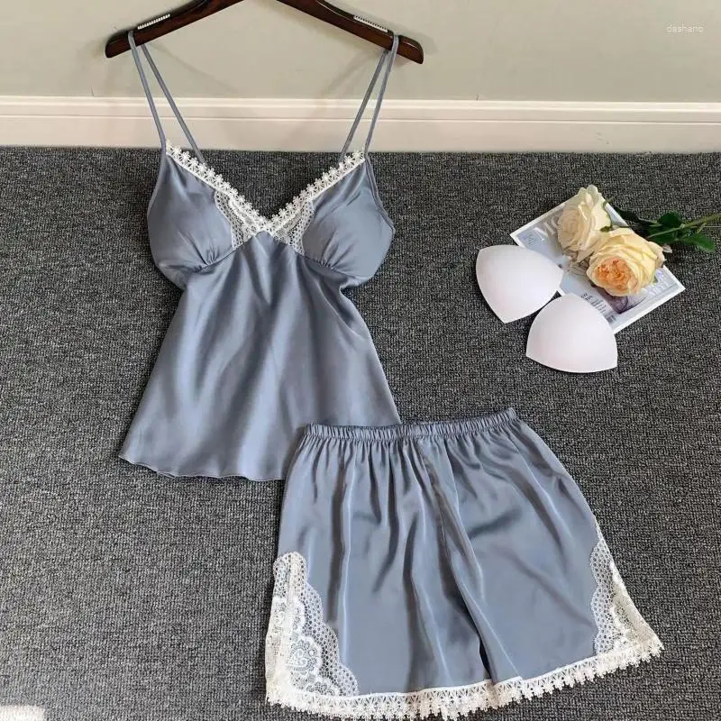 Lace Patchwork Satin sleepwear Set - 2PCS Top & Shorts with Sexy V-Neck and Elastic Waist for Casual Home Wear