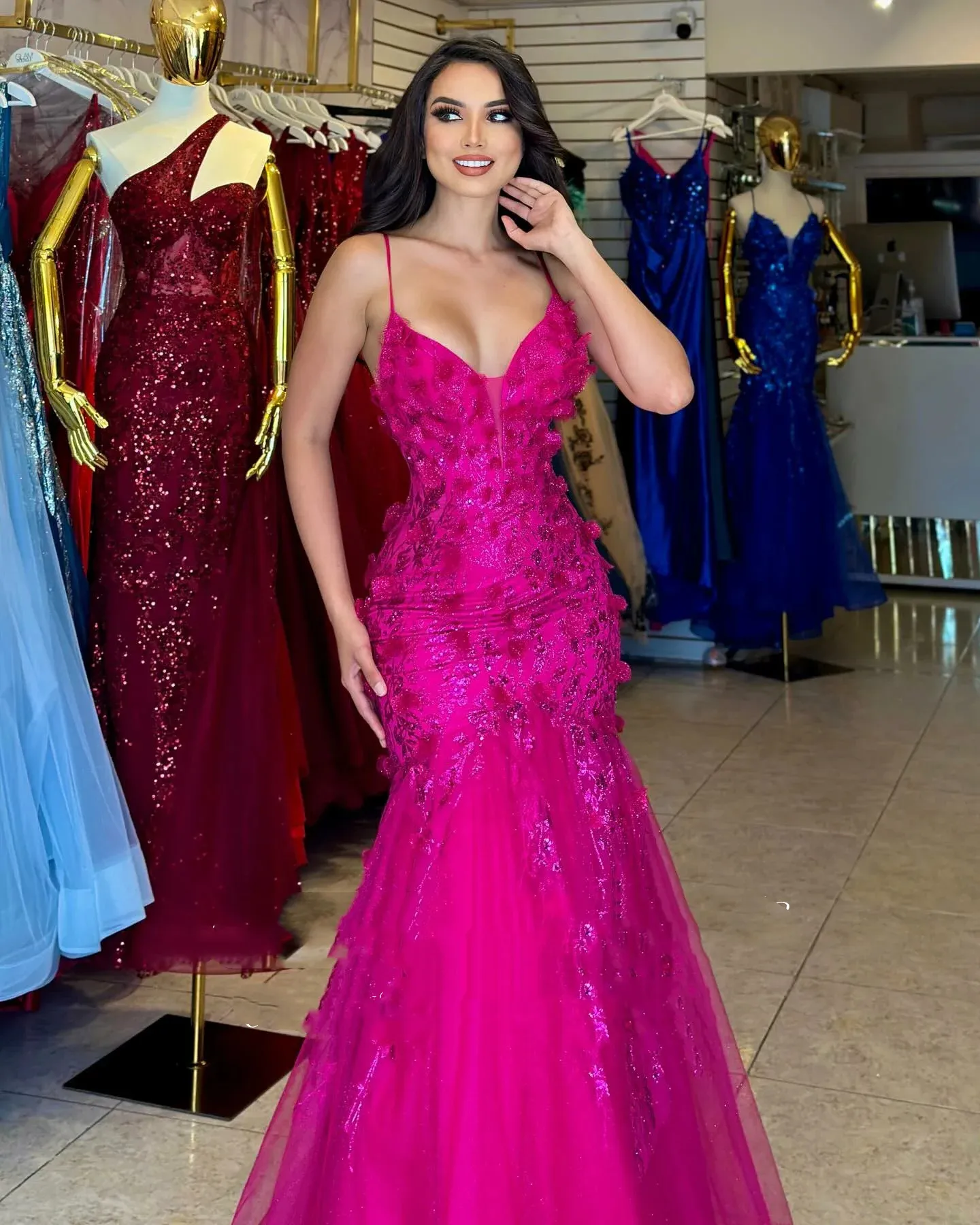 Fuchsia Floral Trumpet Mermaid Prom Dress With Bow Fuchsia Floral Trumpet Mermaid Prom Dress With Bow