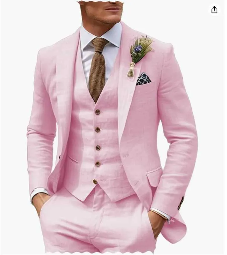Men's Custom Size 3-Piece Linen Suit Set - Blazer, Vest, And Pants For Summer Weddings & Events - View #6