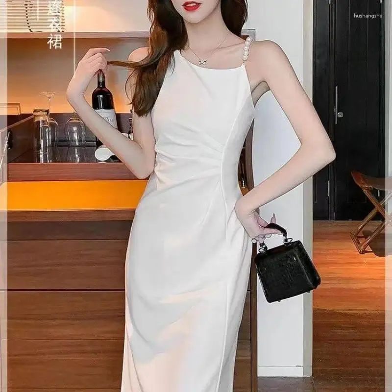 Graceful and Sexy Digonal Collar Midi Dress for Women - Summer 2024 Korean Lady Slim Pearl Strape Camisole Gown for Birthday Parties