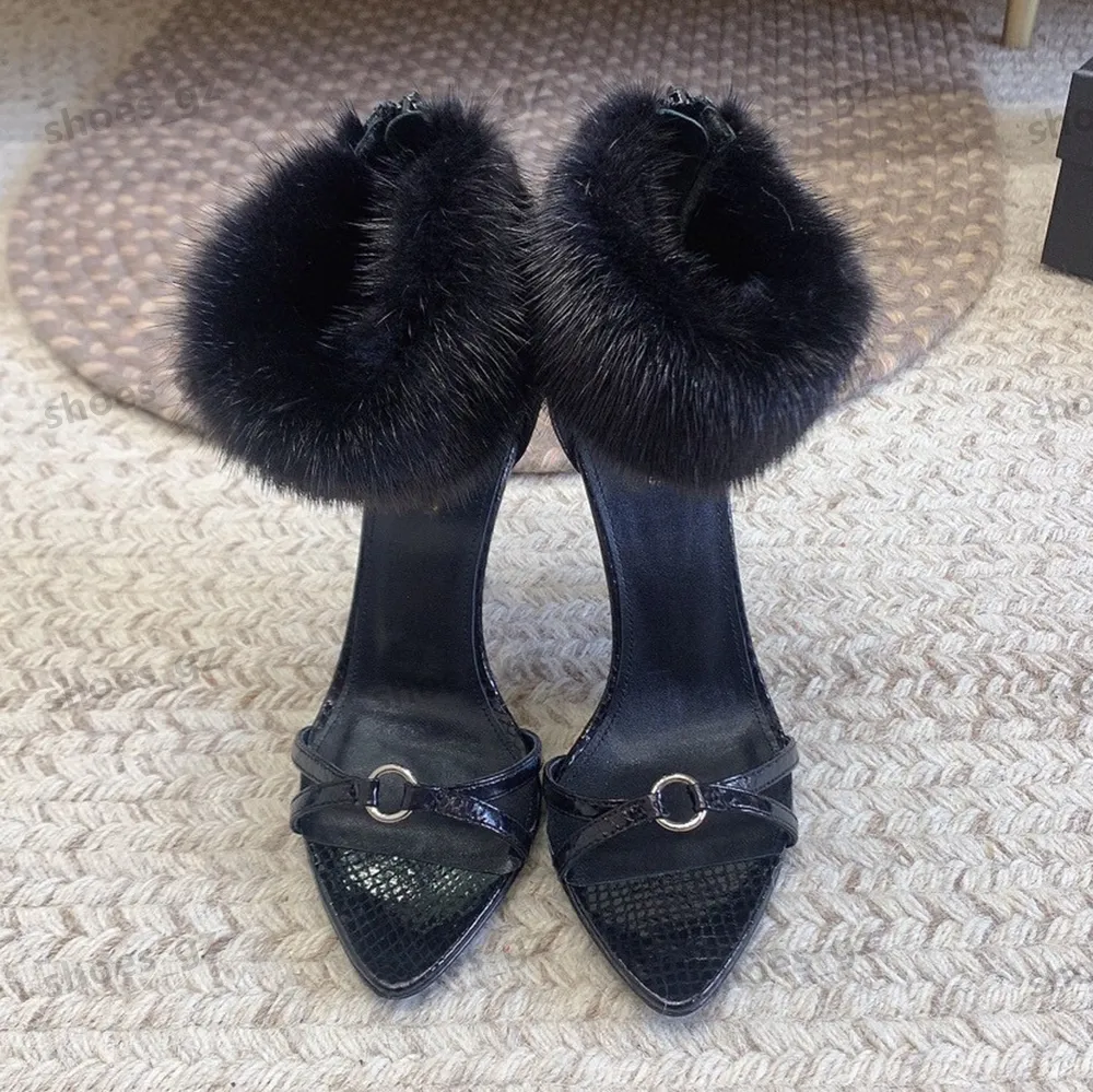 Fur ankle strap heels hot sale