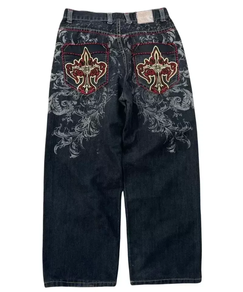 Gothic Hip-Hop Cross Jeans: Baggy High-Waisted Y2K Embroidery