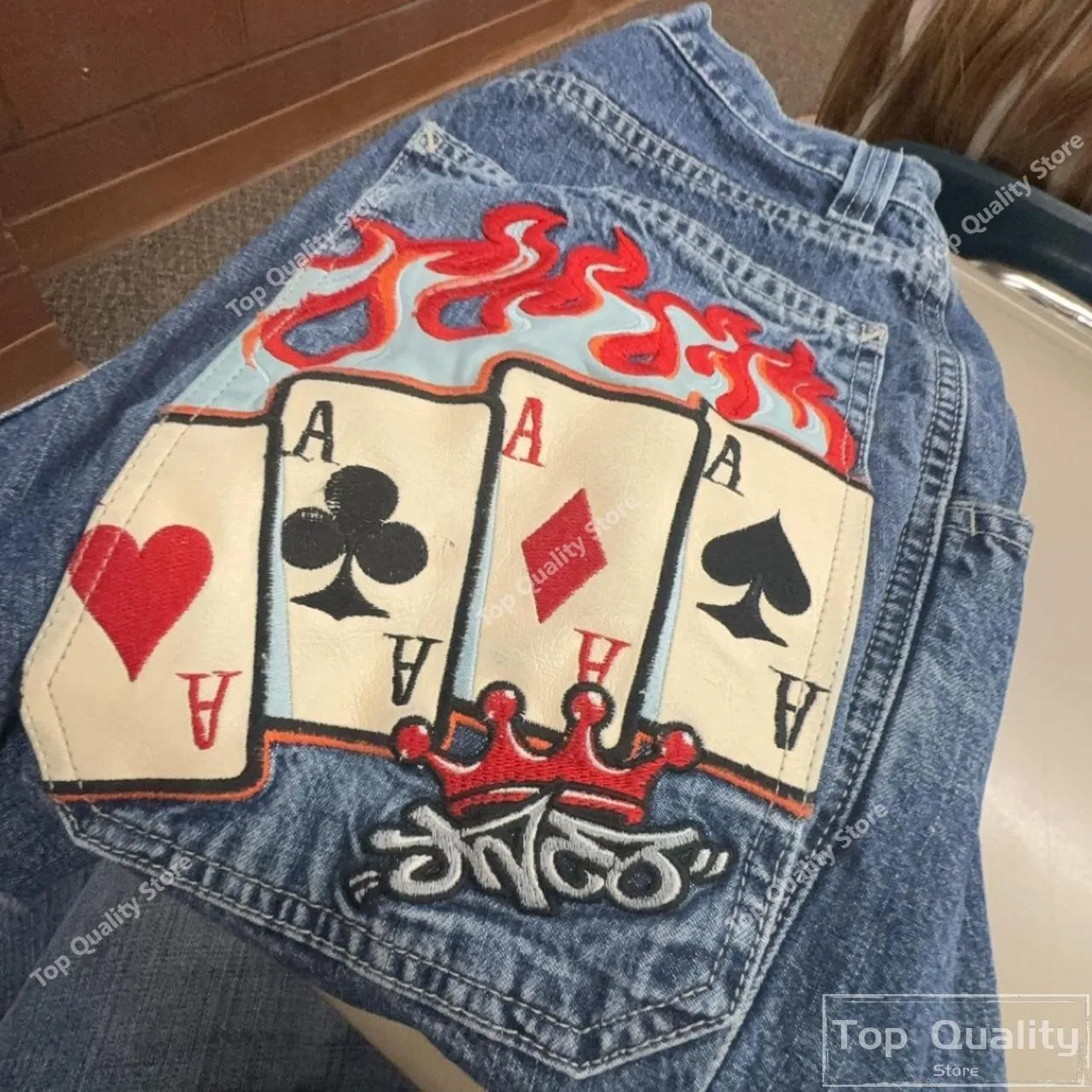 Hip Hop Poker Embroidered JNCO Jeans Y2k Style Cotton Denim Men 
