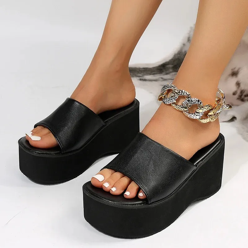 Women's Chunky Platform Sandals, Black PU Leather Summer Wedge Slippers,  Plus Size