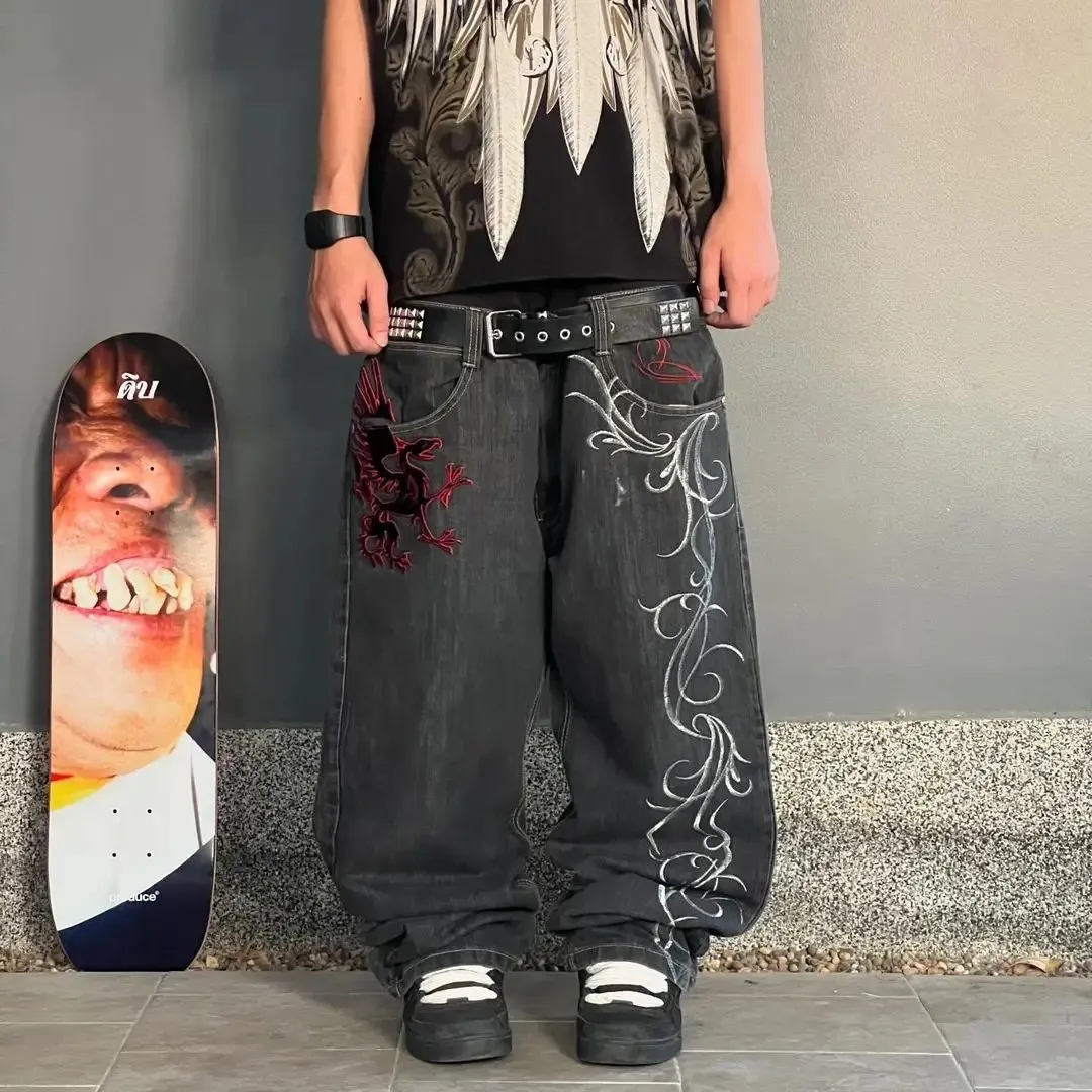 Jean Baggy Rétro Y2K Imprimé Totem - Taille Haute, Jambe Large, Style Goth Harajuku Hip-hop, Unisexe