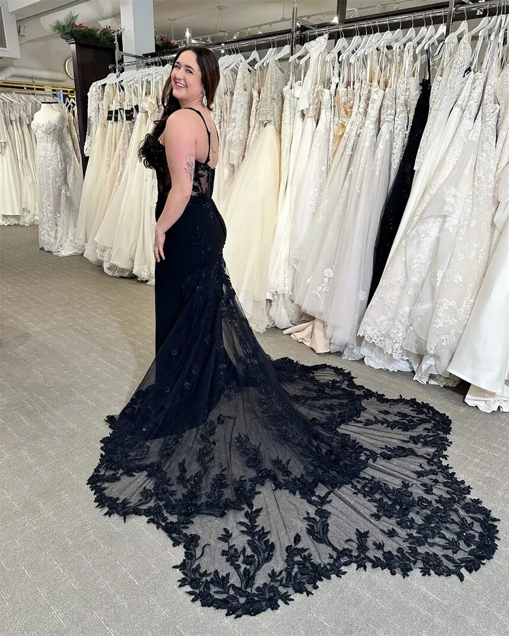 Sexy Black Beach gown with lace top and long train. Sexy Black Beach gown with lace top and long train.