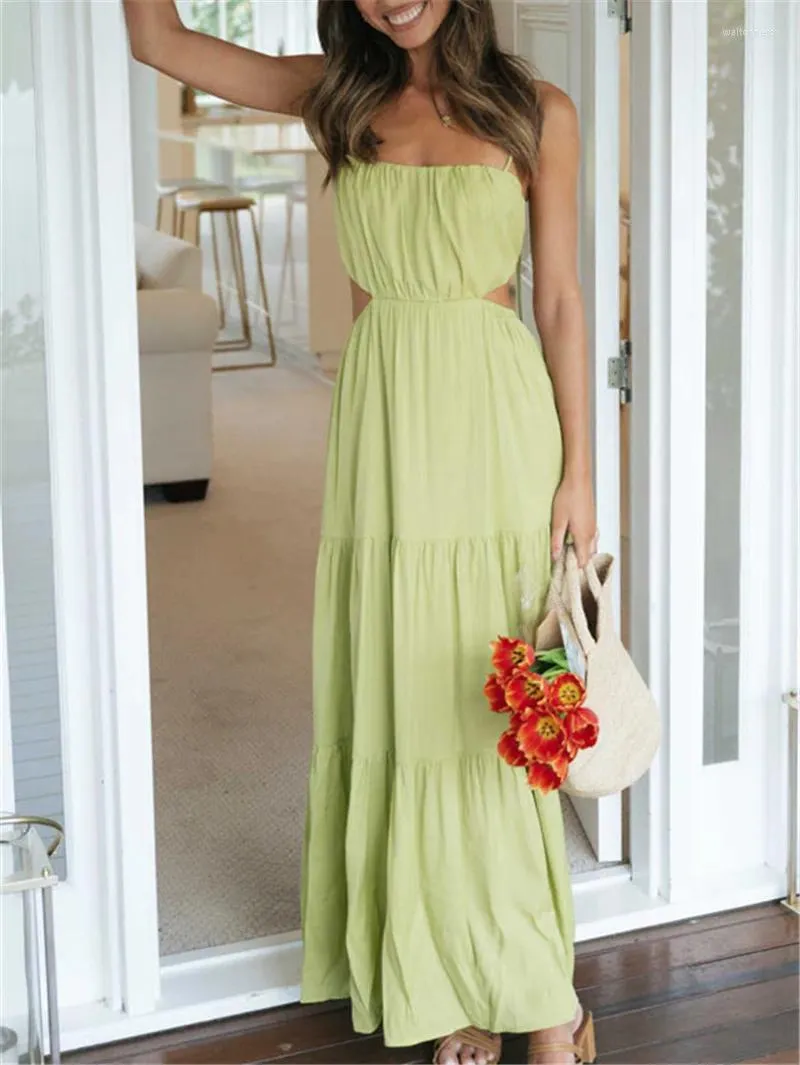 Boho Beach Wedding dress: Sexy Backless, Long Spaghetti Strap, Solid Color Tie-Up, Sleeveless for Casual Summer Wear