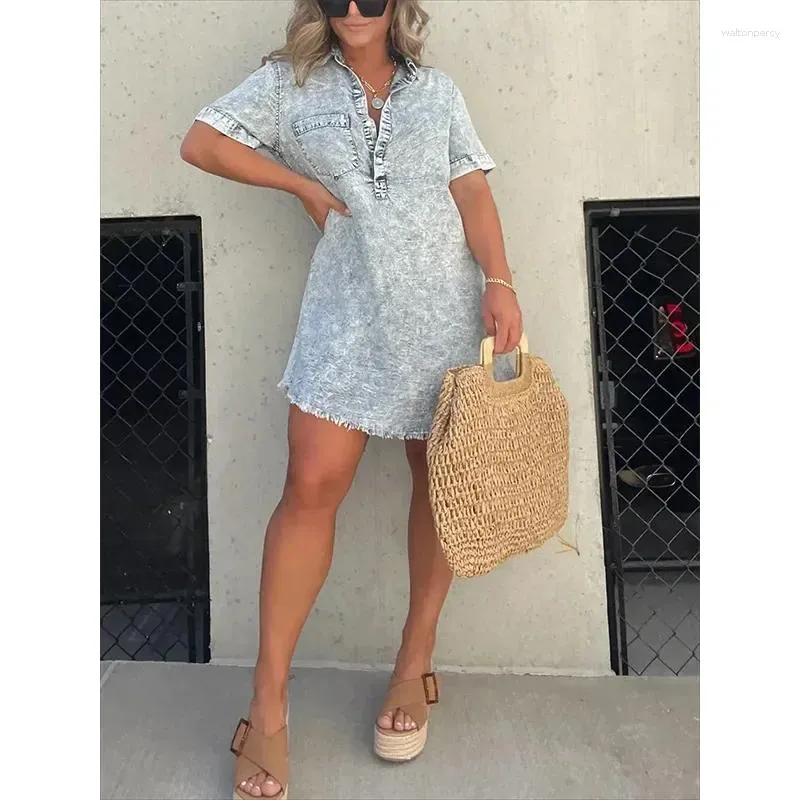 2024 High Street Women's Casual Denim dress with Spliced Solid Tassel Pockets, Loose Fit, and Distressed