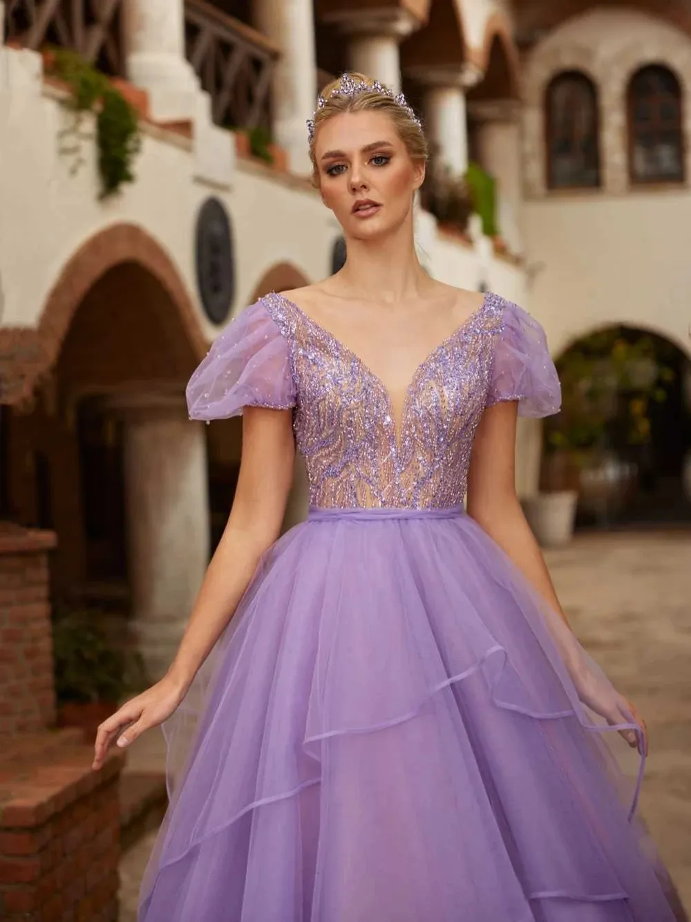 Lilac Tiered Prom Dress with Short Puff Sleeves and Beaded Sequins, Jewel  V-Neck, Sweep Train Ball Gown for Women from Dhgate Prom Dresses - price  160.17