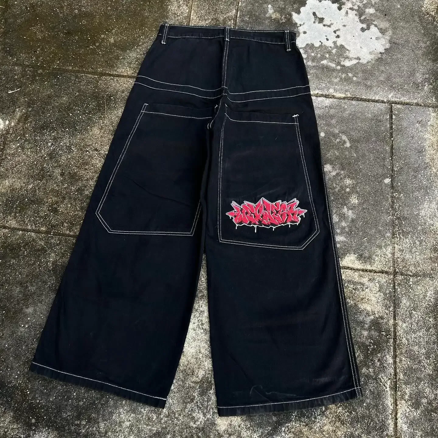High Waist Wide Trousers Button Fly Embroidered Cotton Baggy Jeans 